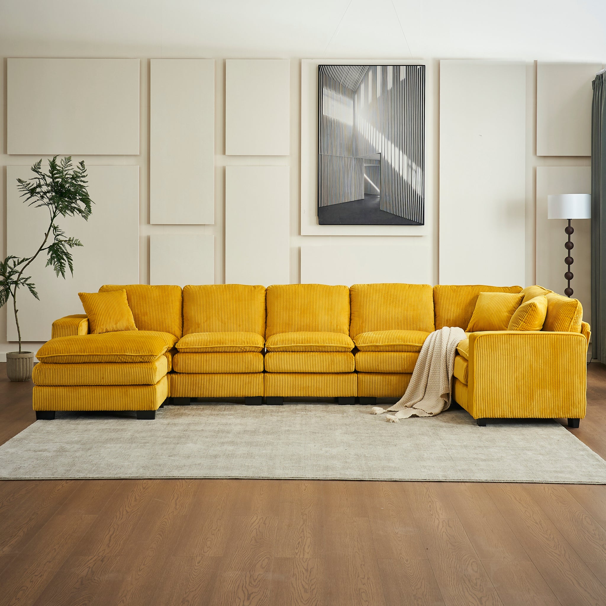 Modern U Shaped 6 Seat Sectional Sofa Couch With One Ottoman And Three Toss Pillows ,Modular Sofa For Living Room,Corduroy Sofa Yellow Corduroy 7 Seat