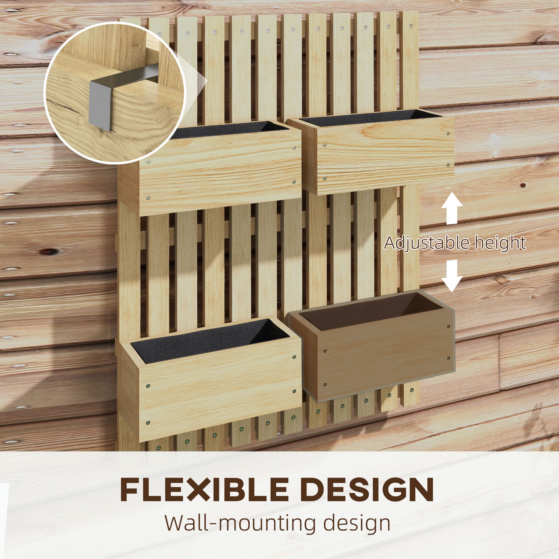 Outsunny 4 Box Raised Garden Bed With Trellis For Vine Flowers & Climbing Plants, 31.5" Tall Wall Mounted Wood Planter Box Set With Adjustable Height, Drainage Hole, Natural Natural Wood