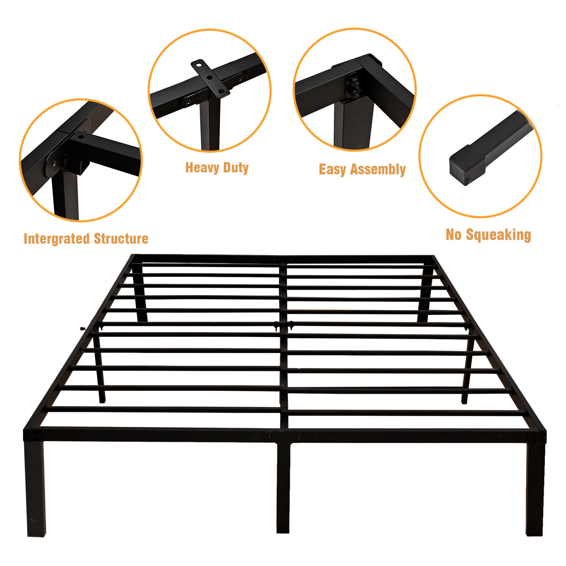 14 Inch Bed Frame Queen Size Heavy Duty Steel Slat Support Metal Platform Queen Bed Frame No Box Spring Needed, Easy Assembly, Black Queen Black Metal