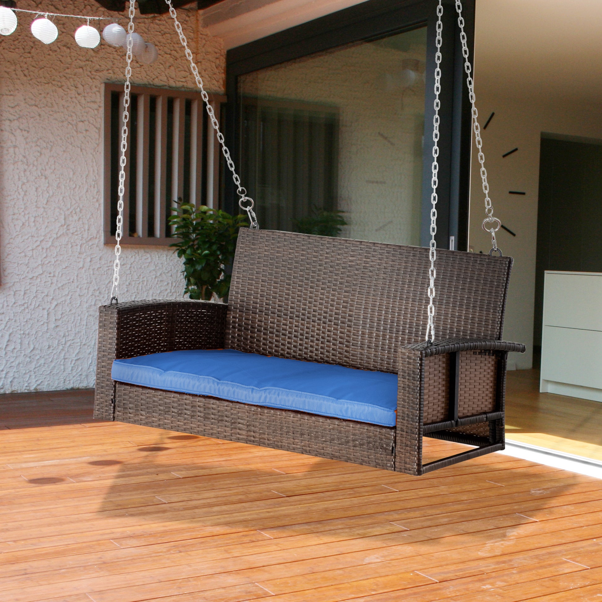 Outsunny 2 Person Wicker Hanging Swing Bench, Front Porch Swing Outdoor Chair With Cushions 550 Lbs. Weight Capacity For Backyard, Garden, Blue Blue Rattan Metal