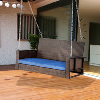 Outsunny 2 Person Wicker Hanging Swing Bench, Front Porch Swing Outdoor Chair With Cushions 550 Lbs. Weight Capacity For Backyard, Garden, Blue Blue Rattan Metal