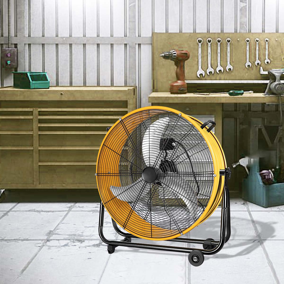 30 In. 3 Speed Yellow Heavy Duty Metal Industrial Drum Fan, Air Circulation Yellow Metal