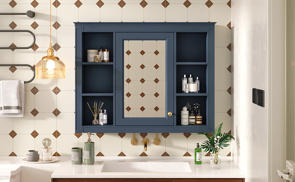 35'' X 27.5'' Medicine Cabinet, Wall Mounted Bathroom Storage Cabinet, Modern Bathroom Wall Cabinet With Mirror, Mirror Cabinet With 6 Open Shelves Not Include Bathroom Vanity Blue 1 5 Mirror Included Bathroom Wall Mounted Mdf Painted