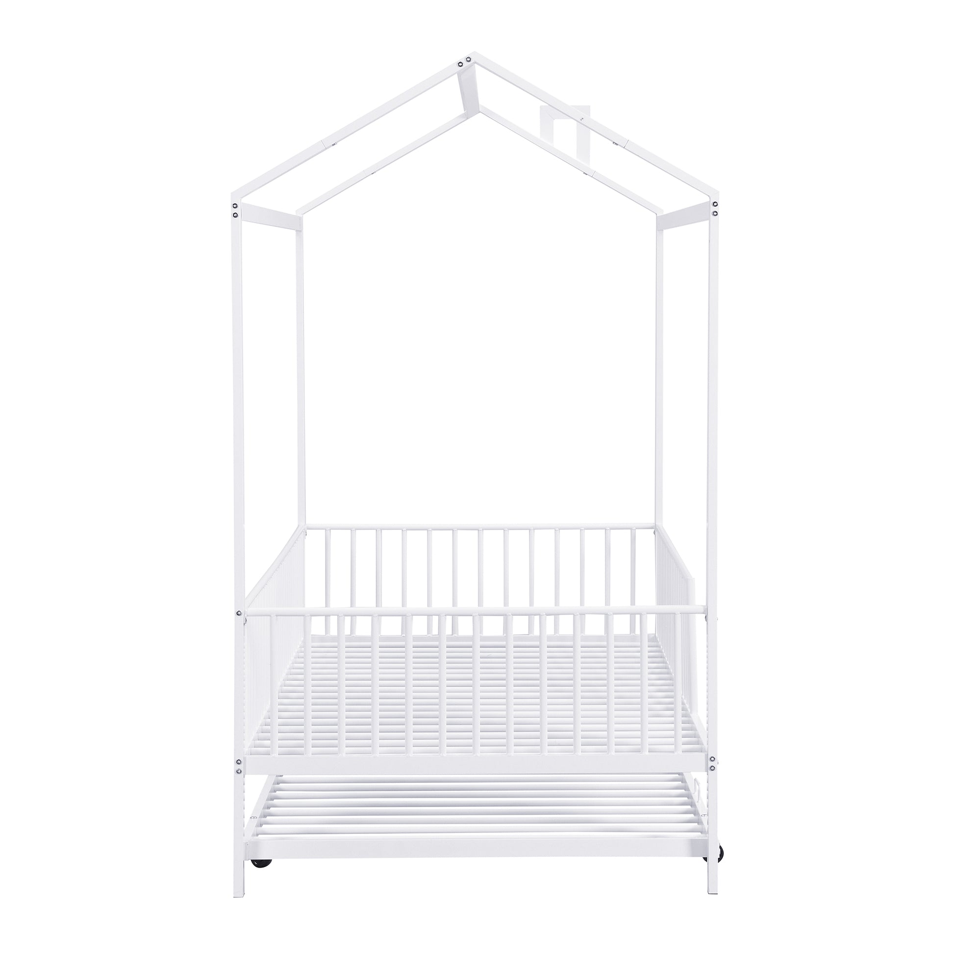 Twin Size Metal House Bed With Fence, With Trundle, White Twin White Metal