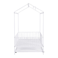 Twin Size Metal House Bed With Fence, With Trundle, White Twin White Metal