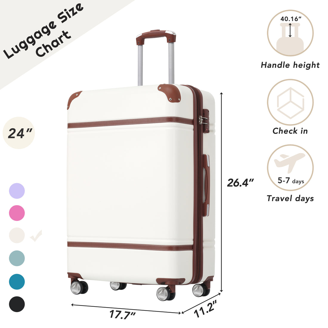 Hardshell Luggage With Tsa Lock24" Expandable Lightweight Suitcase With Spinner Wheels, Single Vintage Luggage,White White Abs