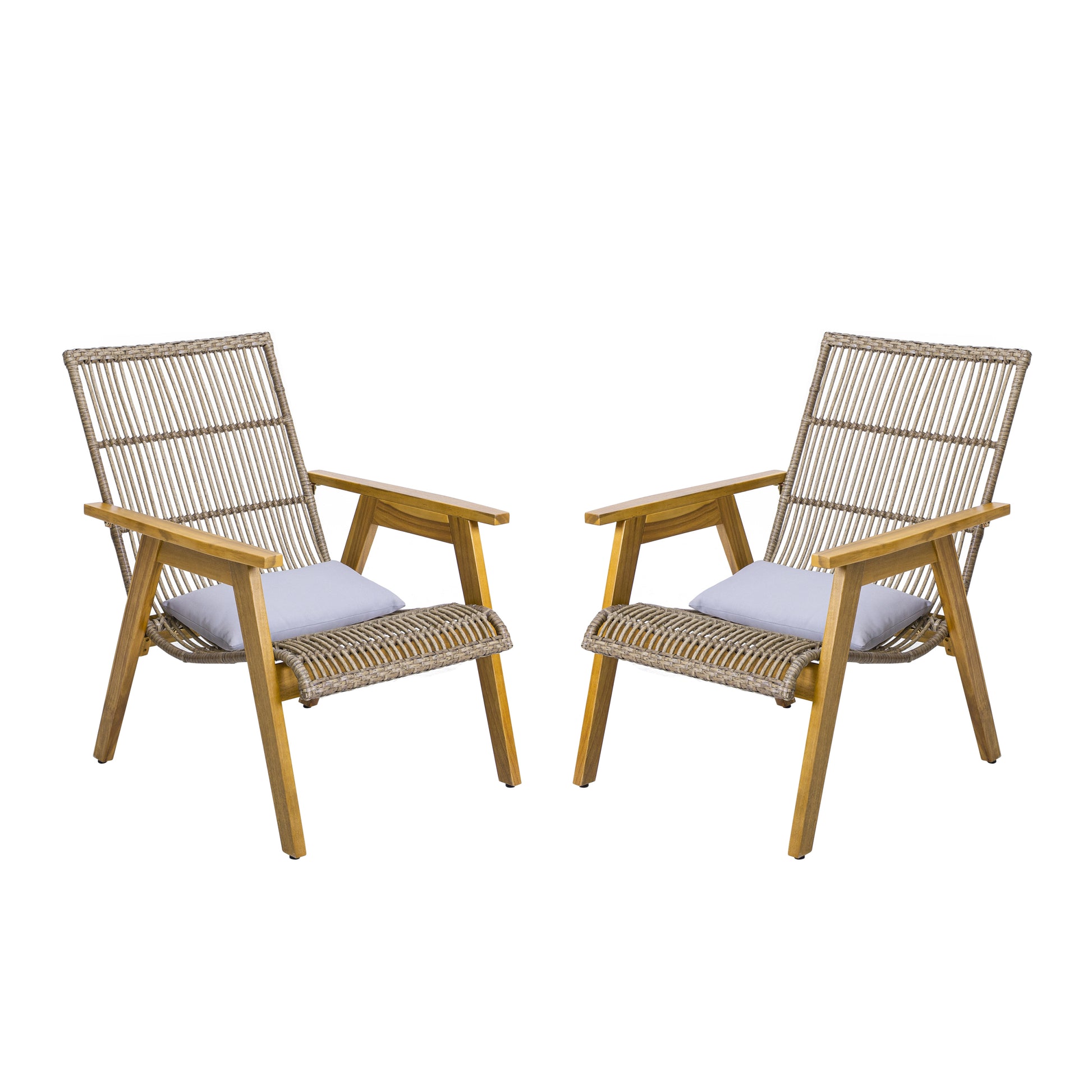 Set Of 2, Acacia Wood Cape Woven Wicker Large Lounge Chair With Pillow For Patio, Deck, Yard, Lawn And Garden Seating, Teak Finish Natural Wicker Light Grey Fabric Teak 2 Person Seating Group Acacia Wood