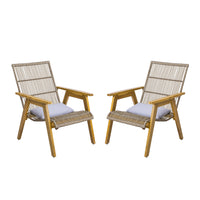 Set Of 2, Acacia Wood Cape Woven Wicker Large Lounge Chair With Pillow For Patio, Deck, Yard, Lawn And Garden Seating, Teak Finish Natural Wicker Light Grey Fabric Teak 2 Person Seating Group Acacia Wood