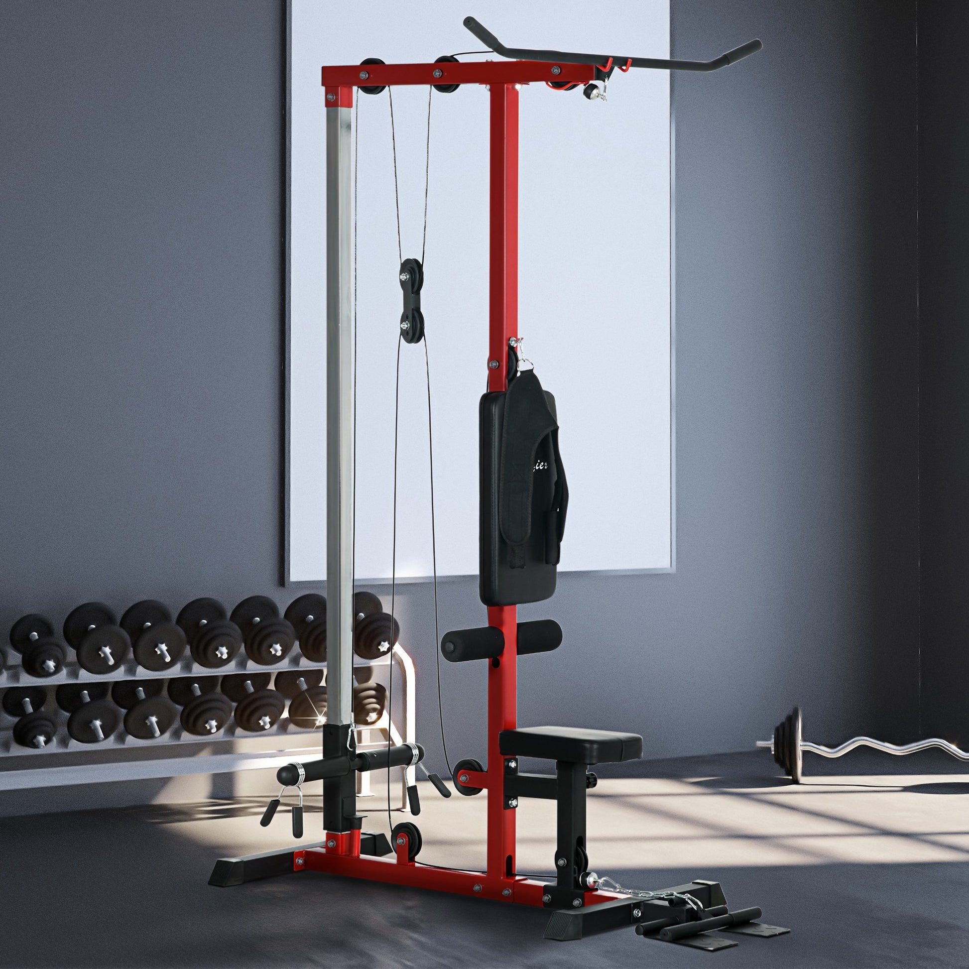 Soozier Cable Machine, Lat Machine With High And Low Pulley Stations, Cable Row Machine With Adjustable Seat And Flip Up Footplate, For Home Gym, Black And Red Black Red Steel