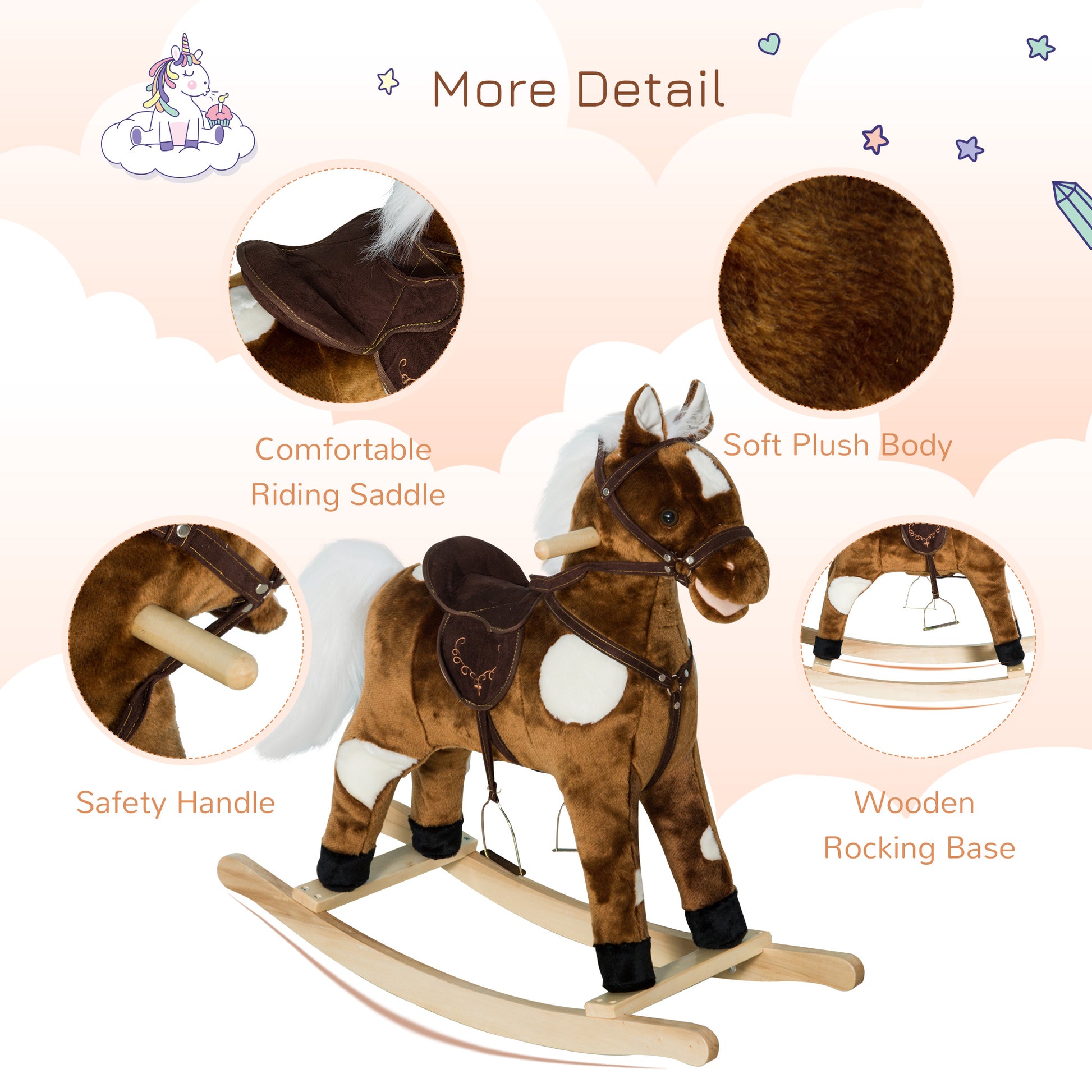 Qaba Kids Metal Plush Ride On Rocking Horse Chair Toy With Nursery Rhyme Music Dark Brown Dark Brown Plush