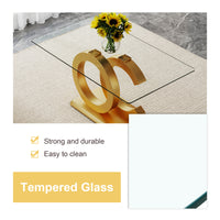 Table And Chair Set.63"W X 35.4"D X 30"H Clear Tempered Glass Desk And Chair Set With 6 White Pu Chairs With Gold Metal Legs.Bring A Comfortable Home Experience To The Kitchen, Bedroom, And Office.