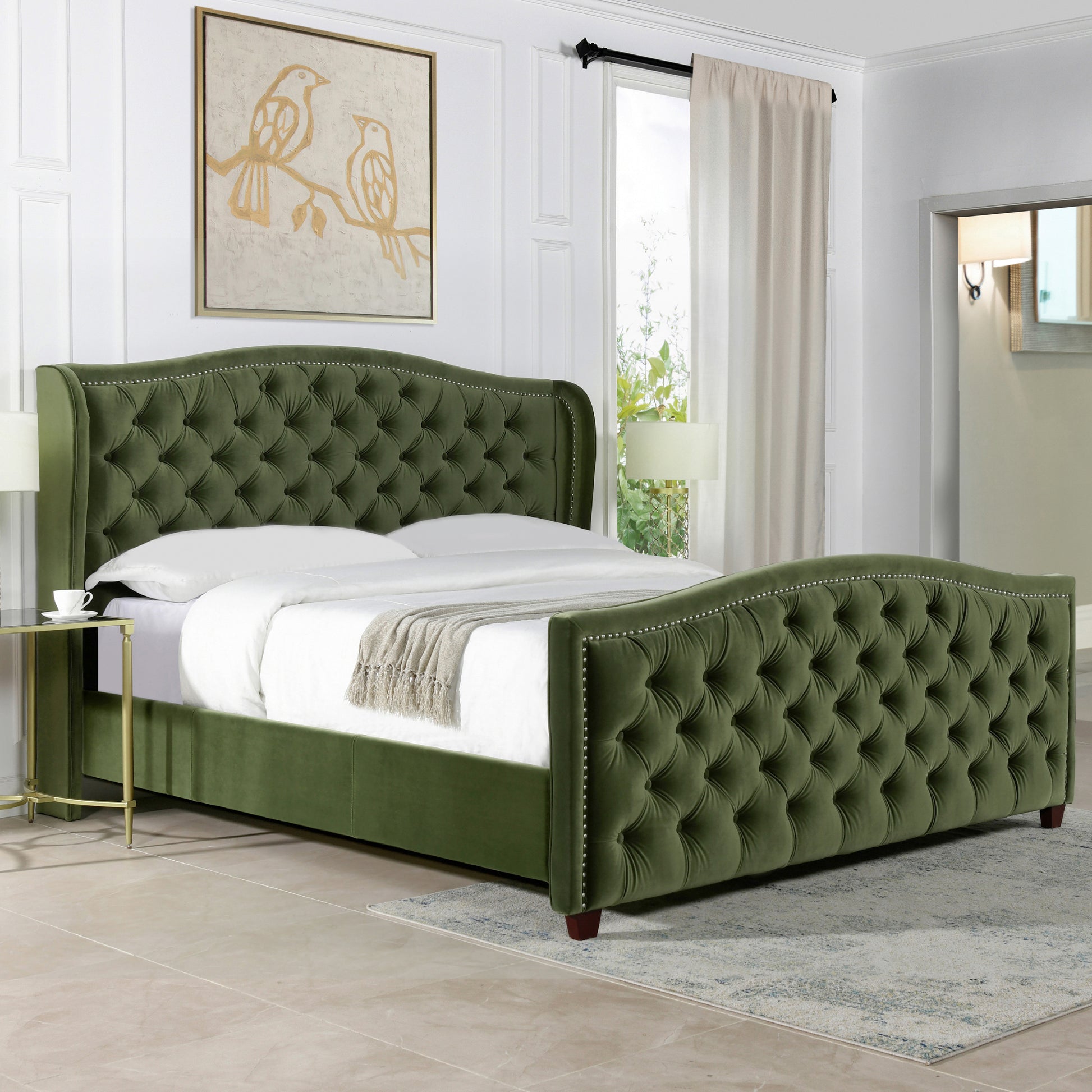 Marcella Upholstered Shelter Headboard Bed Set, King, Olive Green Performance Velvet Box Spring Required King Olive Green Wood Foam Velvet Velvet