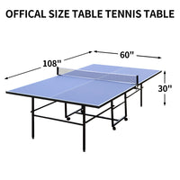 9Ft Mid Size Table Tennis Table, Foldable Ping Pong Table For Indoor & Outdoor Games With Net, 2 Table Tennis Paddles And 3 Balls Blue Mdf