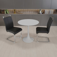 31.5 " White Circular Dining Table, Tulip Dining Table, Kitchen Dining Table For 2 4 People, Mdf Tabletop And Base, And 2 Black Pu Plating Silver Metal Leg Dining Chair Set 2 White Mdf