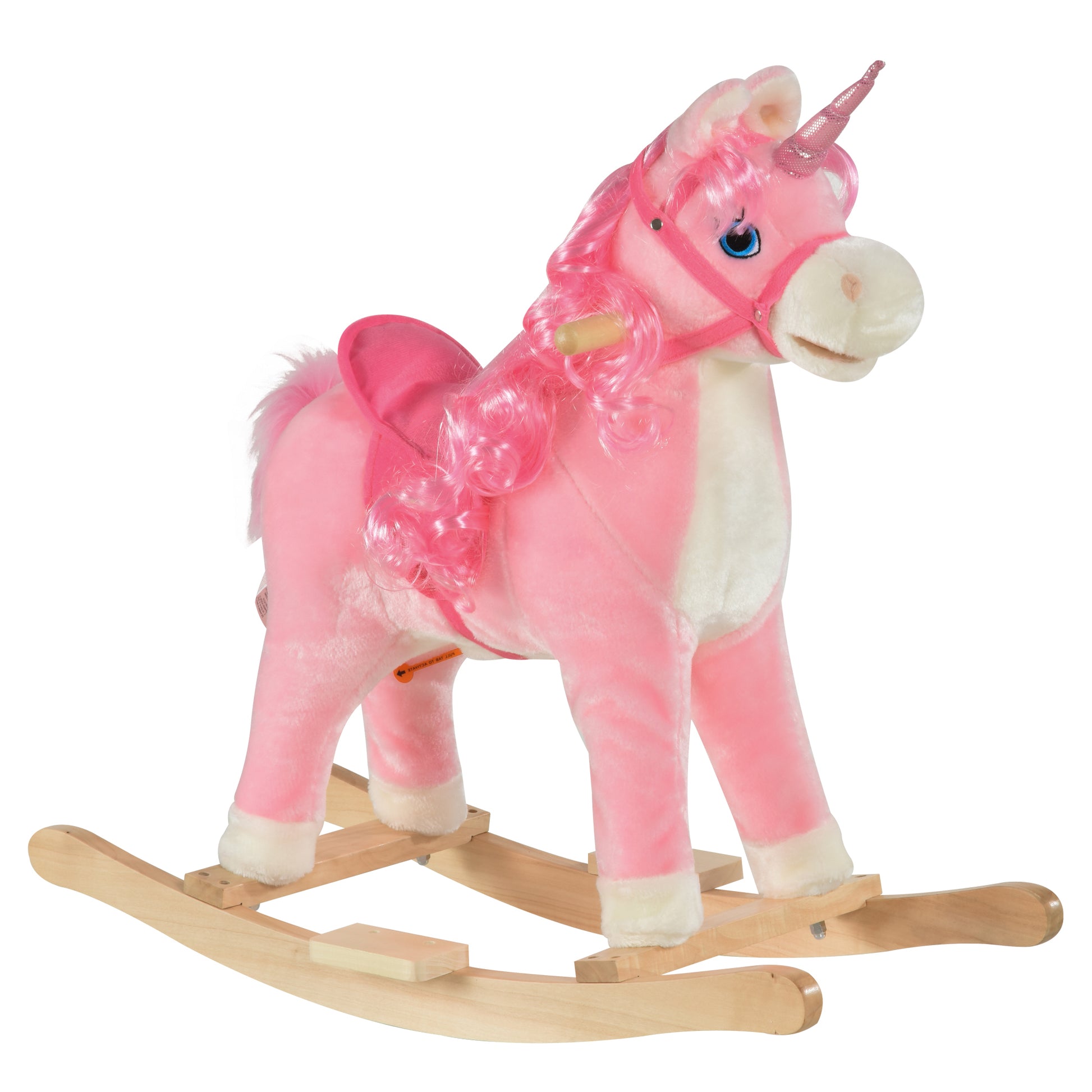 Qaba Rocking Horse, Kids Ride On Horse Unicorn Design With Wooden Base, Tail Wag & Sounds For Toddlers 3 6 Years Old, Pink Pink Plush