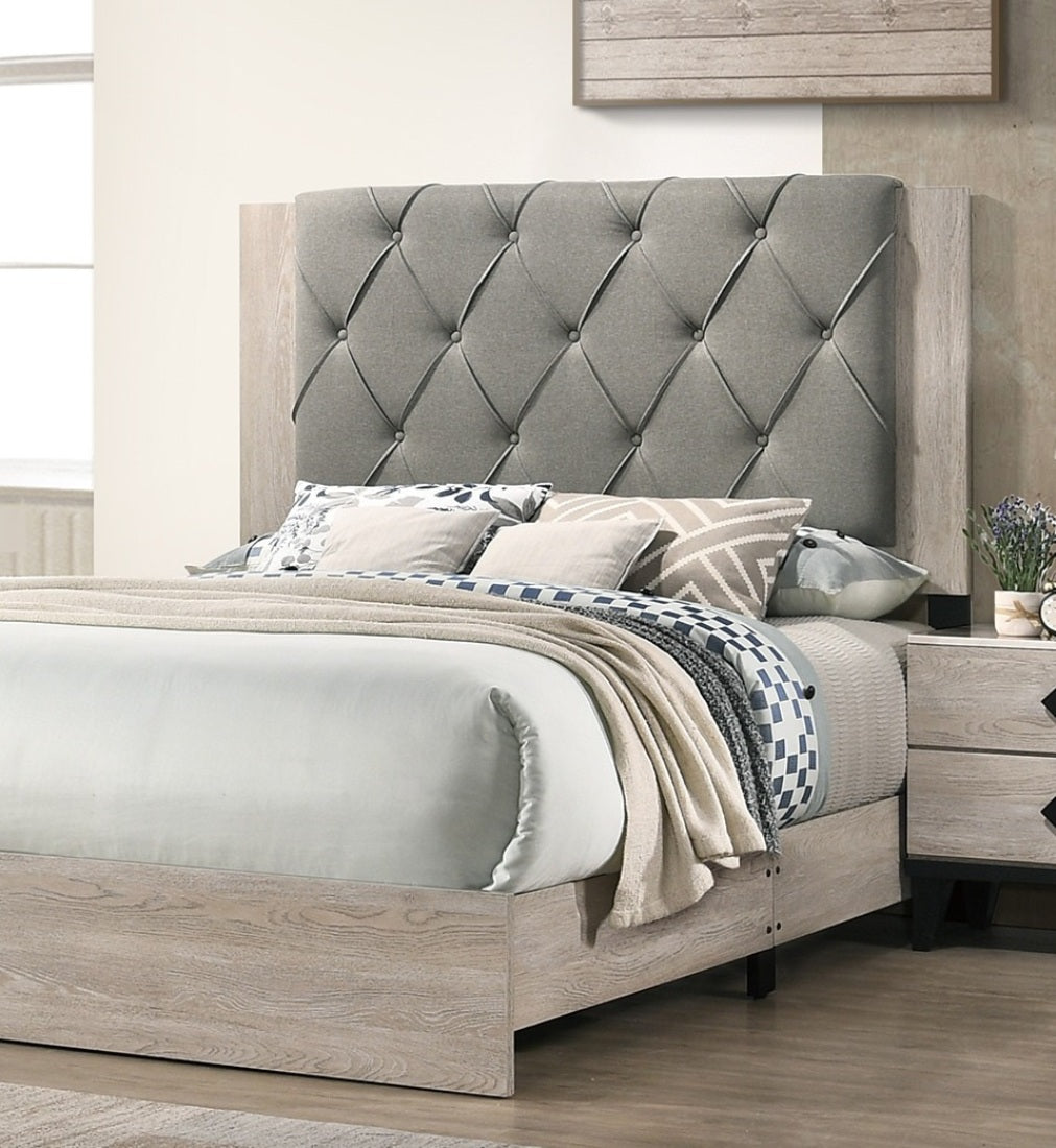 Contemporary 1Pc Cream Finish Eastern King Size Bed Bedroom Furniture Gray Tufted Design Headboard Rubberwood 1Pc Bedframe Box Spring Required King Cream Grey Wood Bedroom