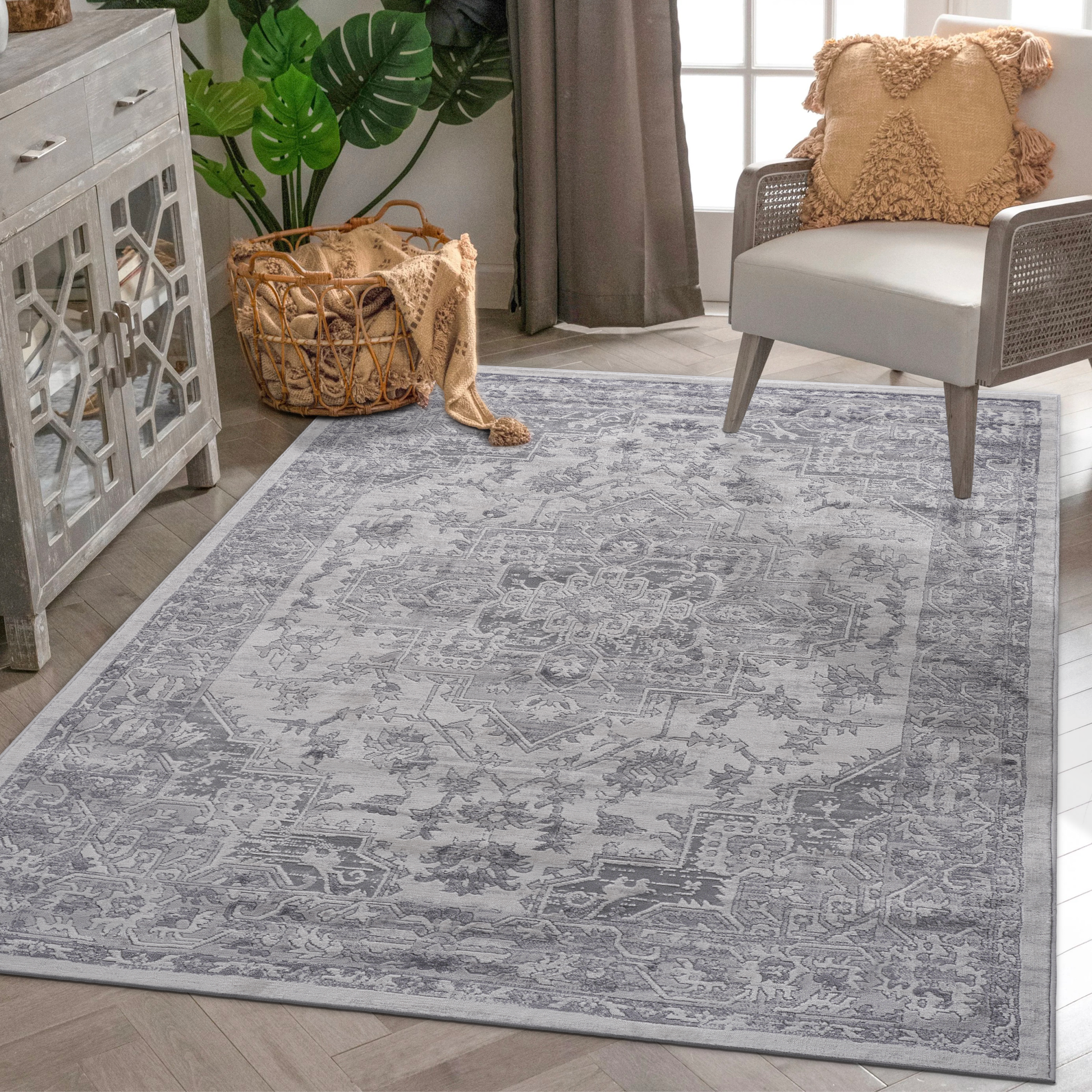 Naar Marfi Collection 6X9 Silver Oriental Non Shedding Living Room Bedroom Dining Home Office Stylish And Stain Resistant Area Rug Silver Polyester