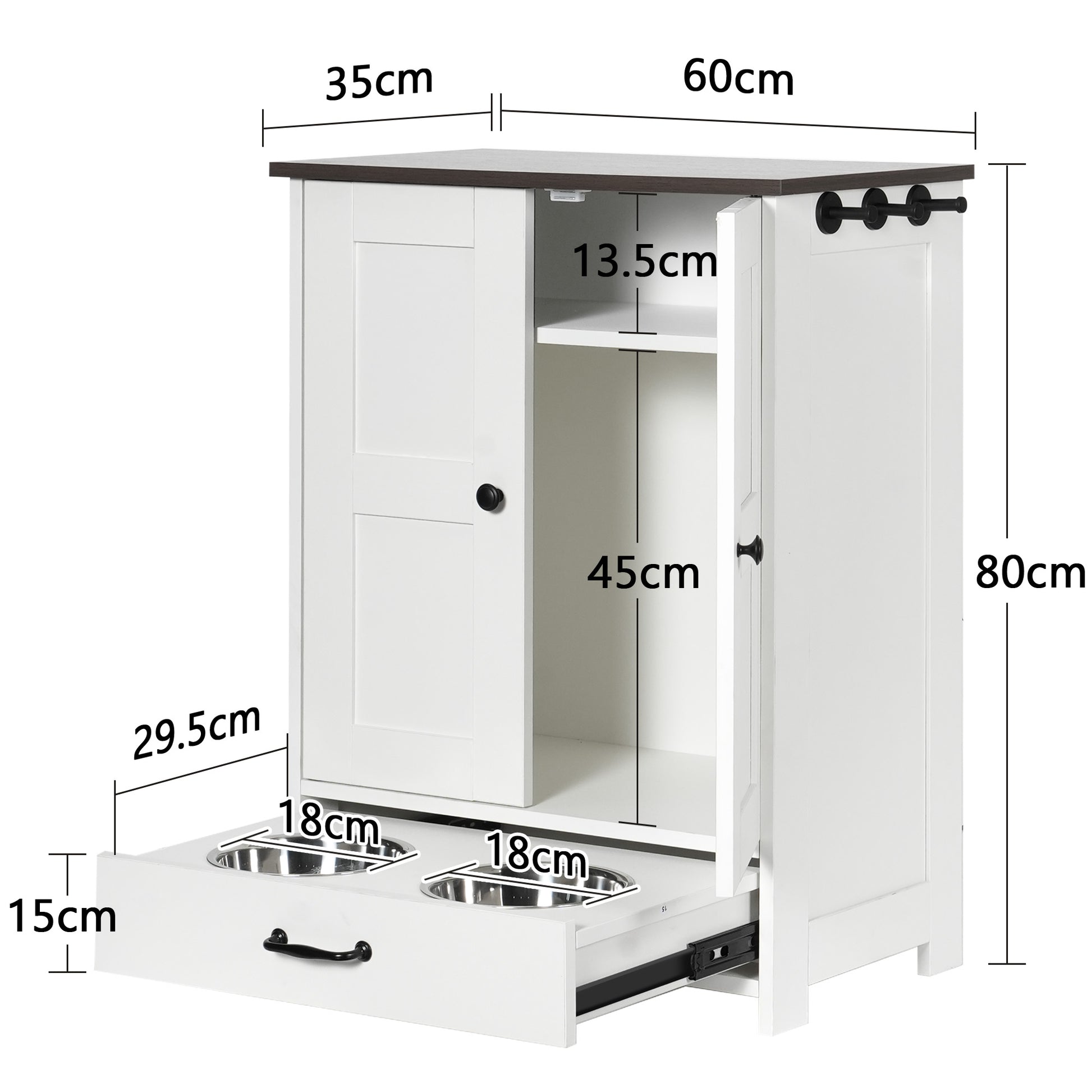 Dog Feeding Station, Dog Food Storage Cabinet With Hidden Dog Bowls, Adjustable Panel, Hooks, For Medium Sized Dogs, White White Deep Walnut American Design Particle Board