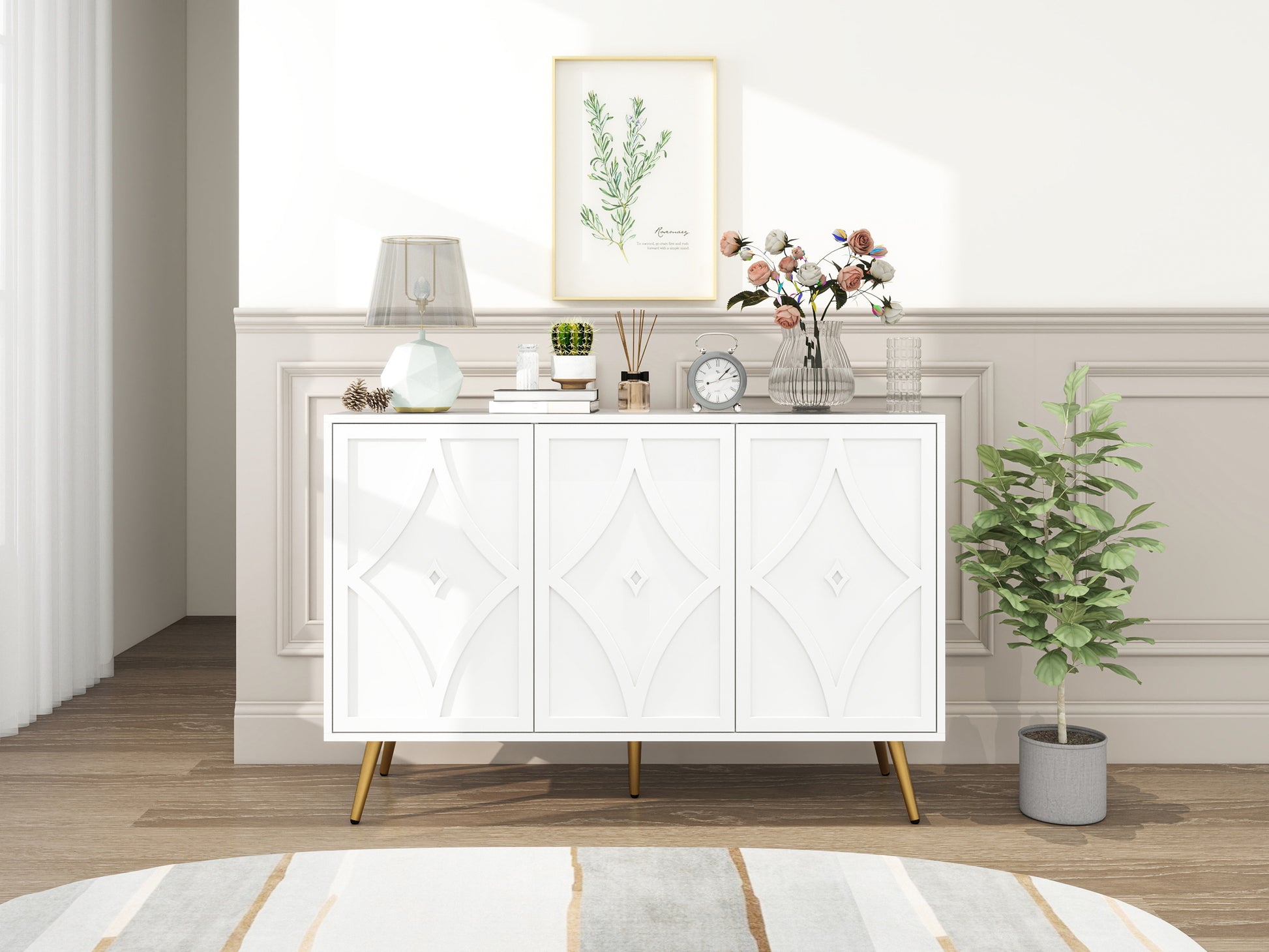 3 Door Storage Cabinet Accent Cabinet With Storage,Sideboard With Adjustable Shelf, Kitchen Cabinet, Diamond Shaped Decoration Door For Living Room, Kitchen, Dining Room ,Enchence White Particle Board Mdf