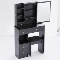 Small Size Left Drawer Desktop Vanity Table Cushioned Stool, Extra Large Sliding Mirror, Multi Layer, High Capacity Storage Fashionable Dresser, Suitable For Small Space, Epa,Gcc,Ul Certificate