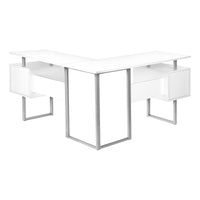 Computer Desk, Home Office, Corner, Storage, 58"L, L Shape, Work, Laptop, White Laminate, Grey Metal, Contemporary, Modern White Particle Board