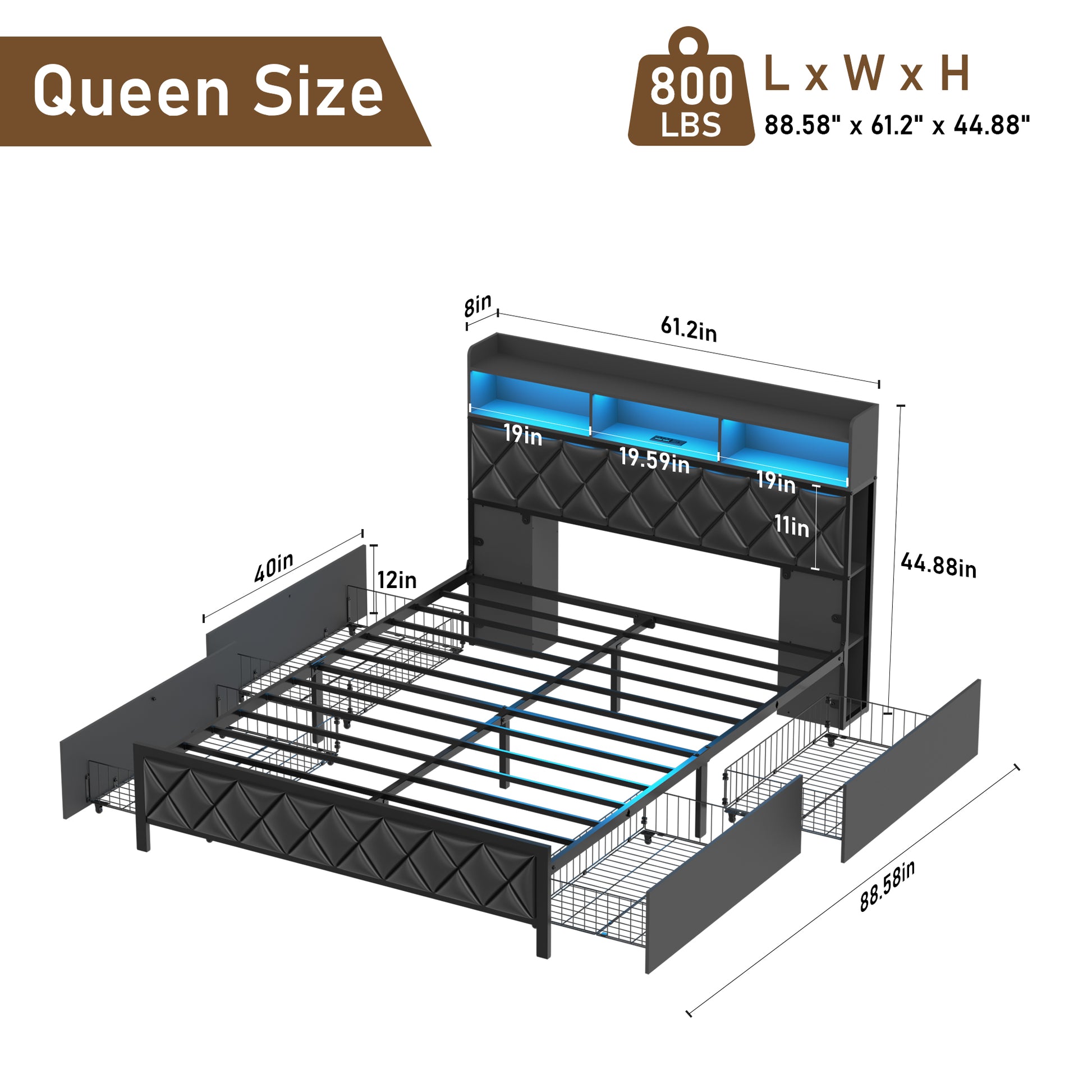 Bed Frame Queen Size With Storage Headboard And 4 Drawers, Upholstered Platform Bed With Charging Station And Led Light, Heavy Duty Frame Support, No Box Spring Needed, Noise Free, Black Box Spring