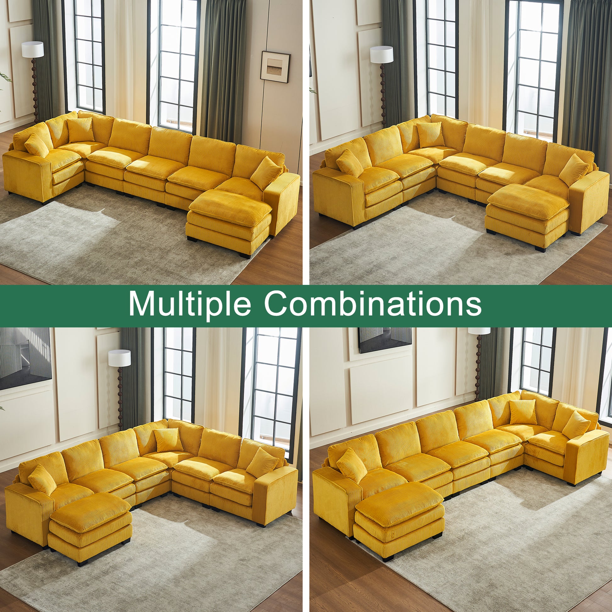 Modern U Shaped 6 Seat Sectional Sofa Couch With One Ottoman And Three Toss Pillows ,Modular Sofa For Living Room,Corduroy Sofa Yellow Corduroy 7 Seat