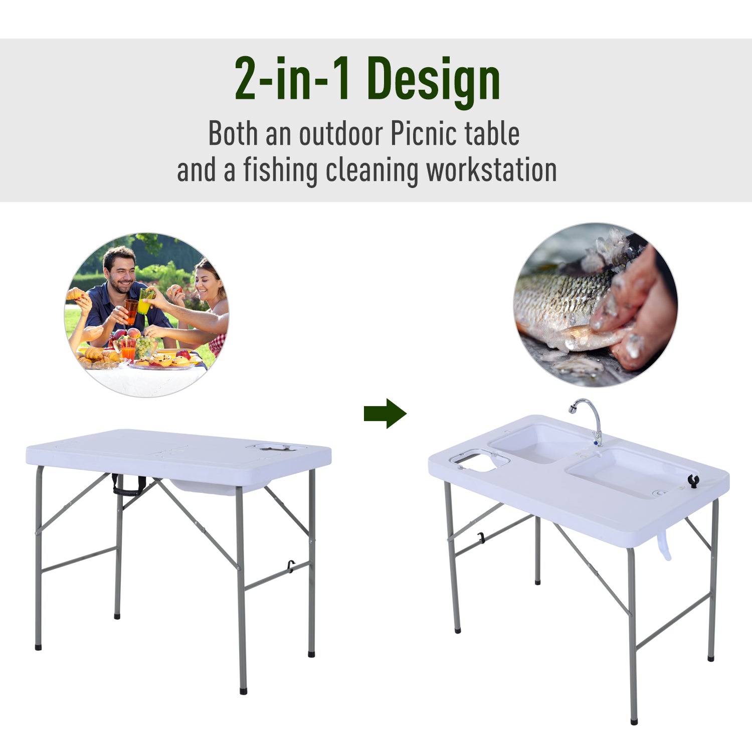 Outsunny Folding Camping Table With Faucet And Dual Water Basins, Outdoor Fish Table Sink Station, For Picnic, Fishing, 40'' White Hdpe