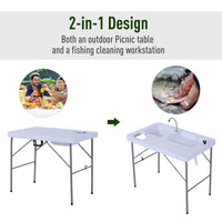 Outsunny Folding Camping Table With Faucet And Dual Water Basins, Outdoor Fish Table Sink Station, For Picnic, Fishing, 40'' White Hdpe