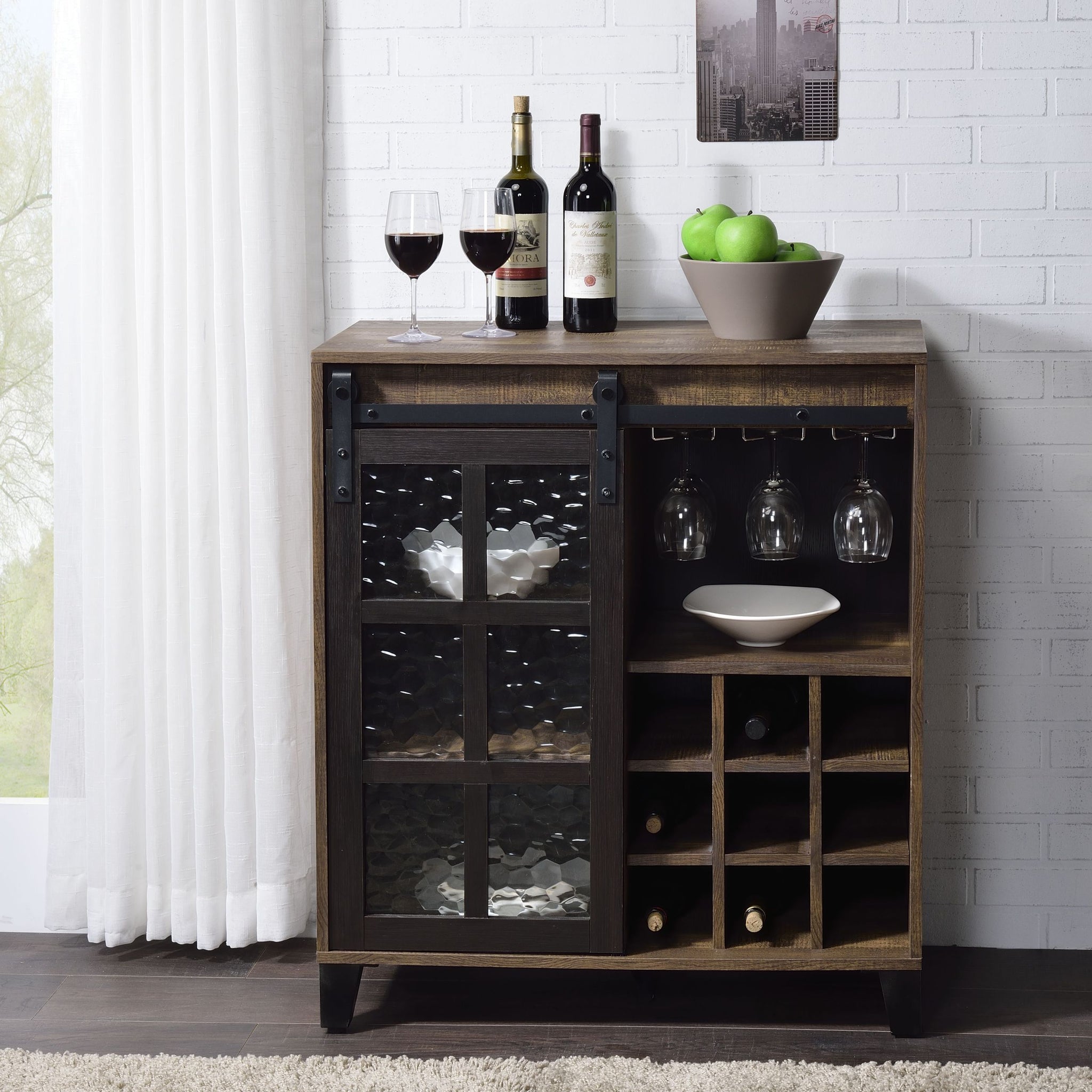 Rustic Oak And Black Wine Cabinet With Door Brown Black Wood Glass