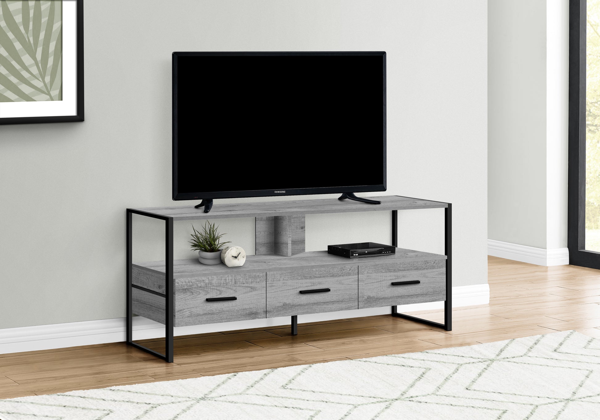 Tv Stand, 48 Inch, Console, Media Entertainment Center, Storage Drawers, Living Room, Bedroom, Grey Laminate, Black Metal, Contemporary, Modern Grey 80 89 Inches Particle Board