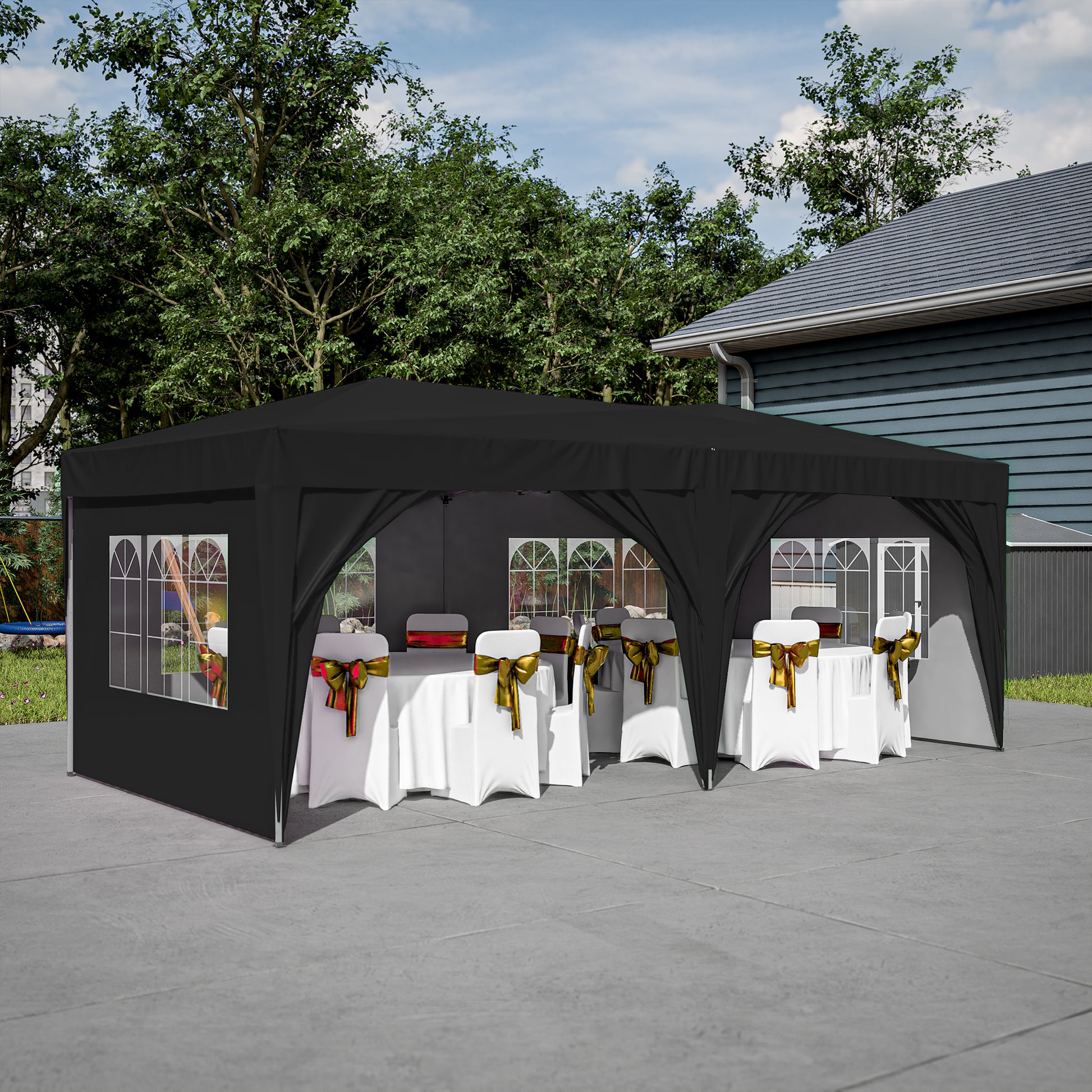 10'X20' Pop Up Canopy Tent With 6 Sidewalls, Ez Pop Up Outdoor Canopy For Parties, Waterproof Commercial Tent With 3 Adjustable Heights, Carry Bag, 6 Sand Bags, 6 Ropes And 12 Stakes, Black Black Metal