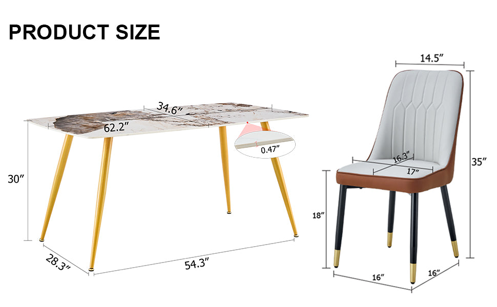 Table And Chair Set.Modern Minimalist Dining Table. White Imitation Marble Pattern Sintered Stone Desktop With Golden Metal Legs.Paried With 4 Comfortable Chairs With Pu Seats And Black Metal Legs.