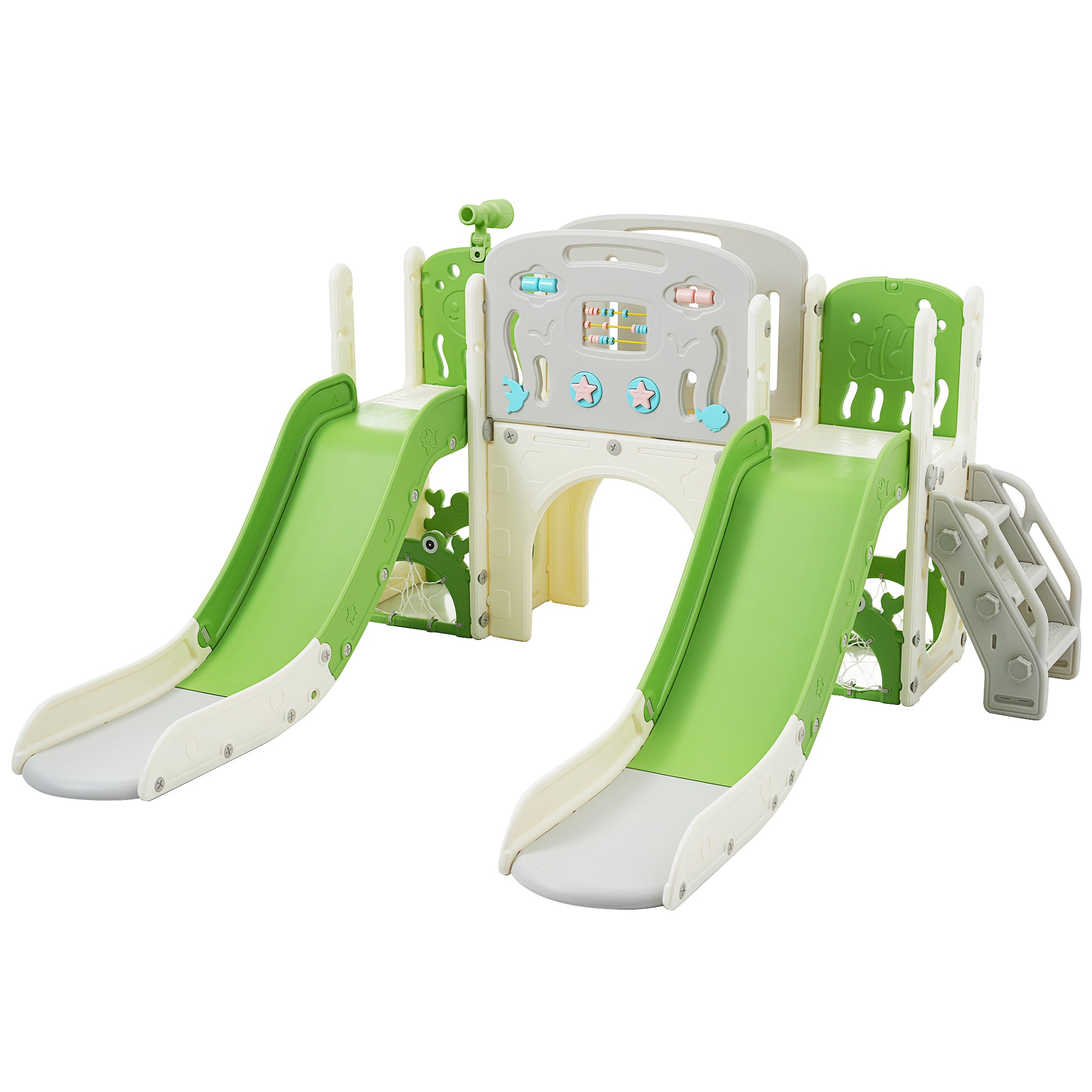 Kids Slide Playset Structure 8 In 1, Freestanding Ocean Themed Set With Slide, Arch Tunnel,Basketball Hoop And Telescope, Double Slides For Toddlers, Kids Climbers Playground Green 50 99 Lbs Cute 1 To 2 Years Hdpe Indoor & Outdoor Use