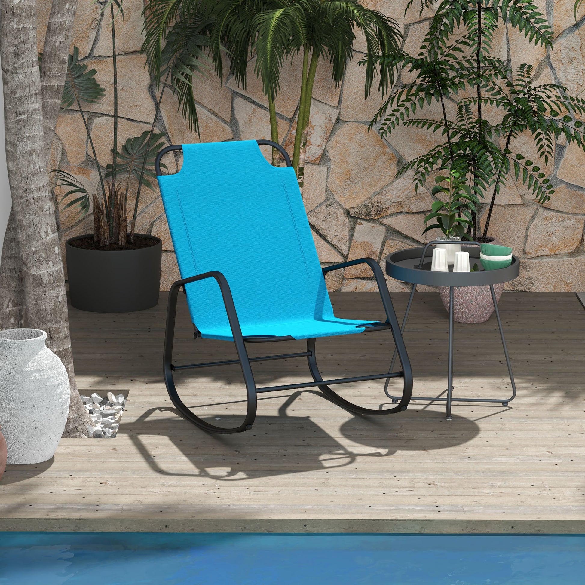 Outsunny Garden Rocking Chair, Outdoor Indoor Sling Fabric Rocker For Patio, Balcony, Porch, Light Blue Light Blue Steel