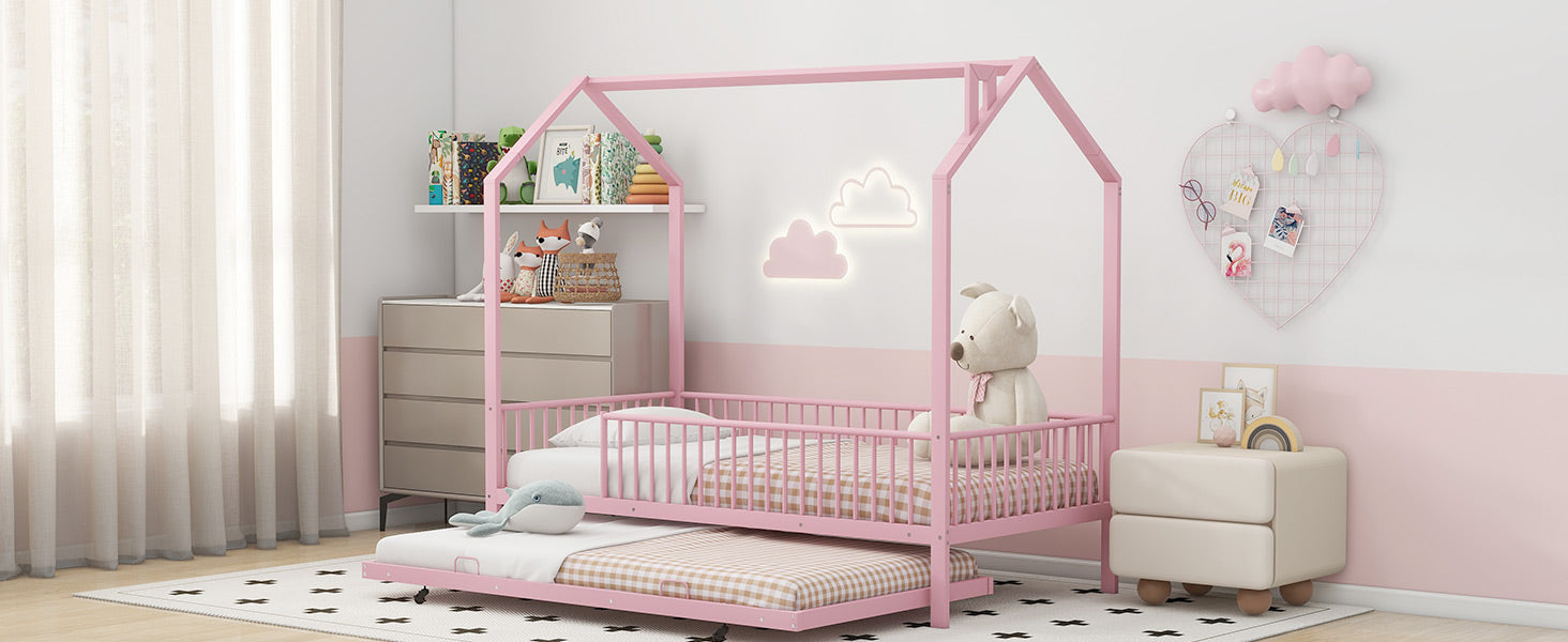 Twin Size Metal House Bed With Fence, With Trundle, Pink Expected Arrival Time: 10.18 Twin Pink Metal