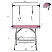 46" Folding Dog Pet Grooming Table Stainless Steel Frame Rubber Mat On Board With Adjustable Arm And Clamps Pet Dog Cat Grooming Table Pink Color Pink Rubber Stainless Steel