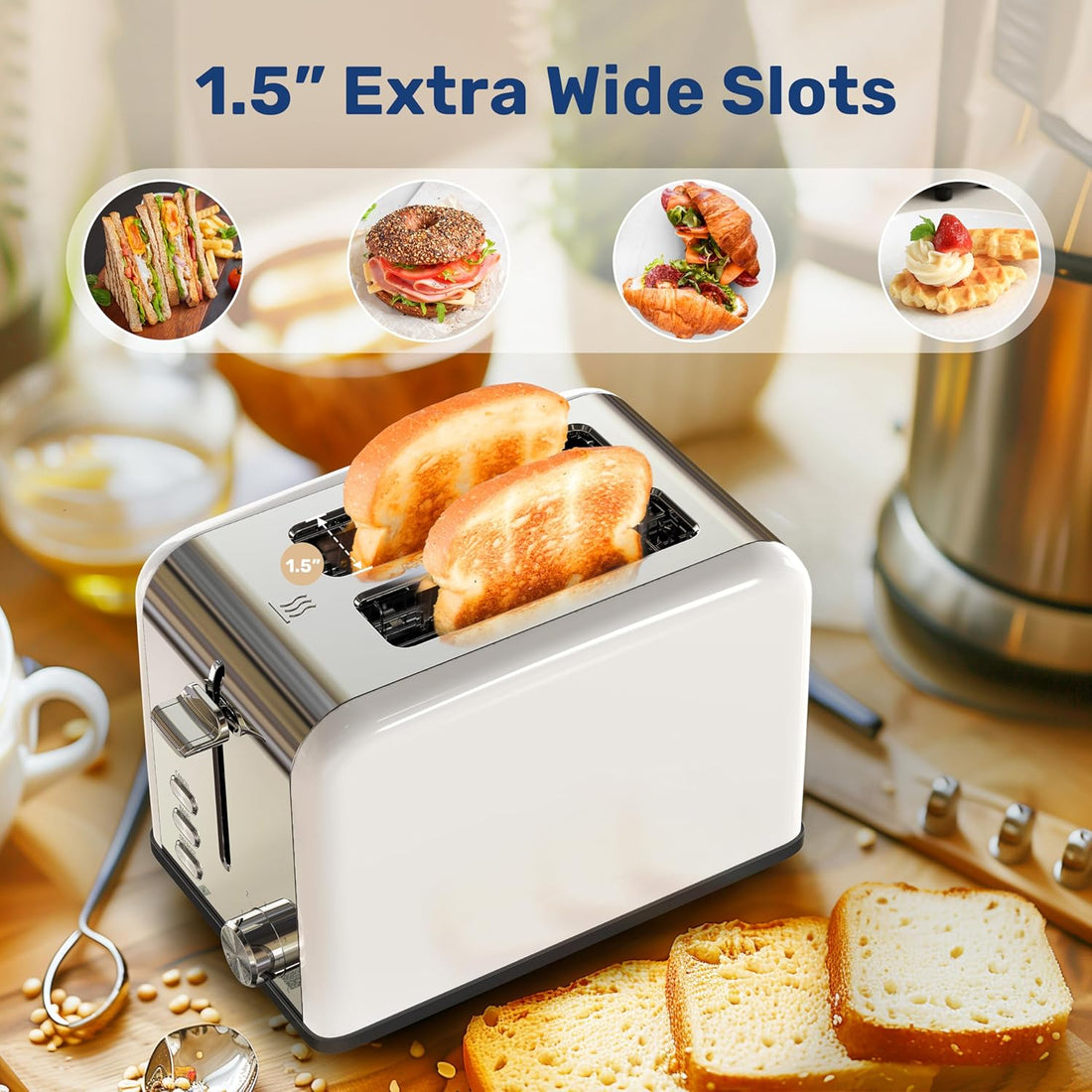 2 Slice Toaster With 6 Browning Setting And 3 Function, Extra Wide Slot & Removable Crumb Tray, Retro Stainless Steel Style, For Bread & Waffle White Stainless Steel