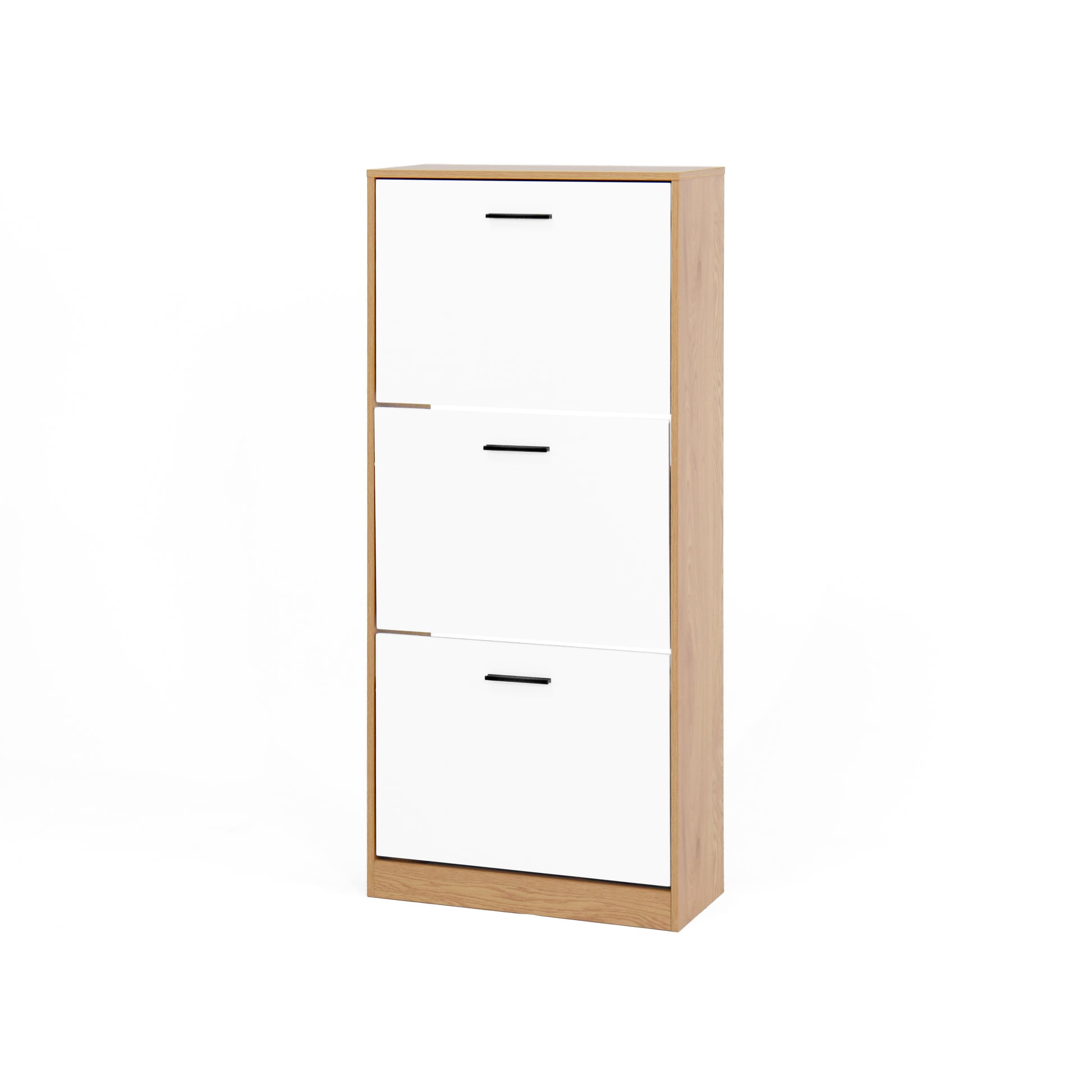 Shoe Storage Cabinet With 3 White Panel Flip Drawers, Freestanding Organizer For Entryway, Narrow Shoe Rack Cabinet 3 4 Spaces Natural Primary Living Space Particle Board