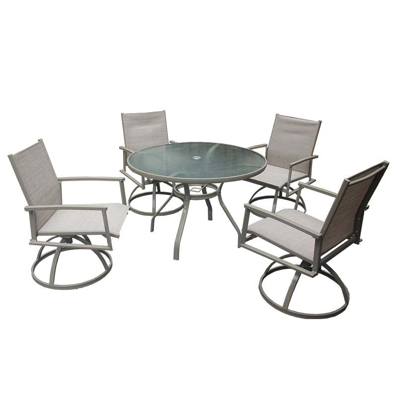 5 Piece Bistro Patio Table And Chairs Set With Tan Pvc Sling Swivel Rocker Chairs And Round Cast Top Outdoor Table, Premium Weather Resistant Outdoor Dining Set For Backyard & Deck No Brown Seats 4 Rust Resistant Frame Garden & Outdoor Classic Complete