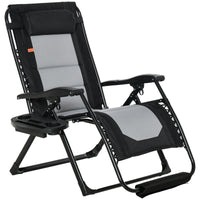 Outsunny Foldable Outdoor Lounge Chair With Footrest, Oversized Padded Zero Gravity Lounge Chair With Headrest, Side Tray, Cup Holders, Armrests For Camping, Lawn, Garden, Black Black Steel
