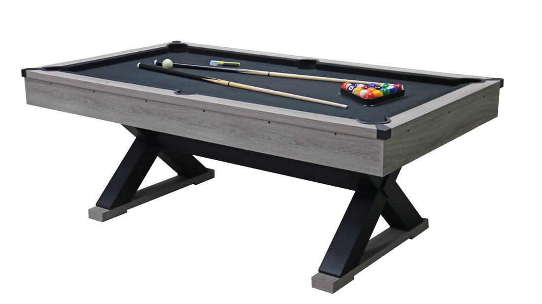 84" Pool Table With Billiard Balls, Cues, Pool Cue Chalk, Cleaning Brush, X Legs, Black Cloth, Rustic Grey,84.1"L X 46.5"W X 32"H Grey Mdf