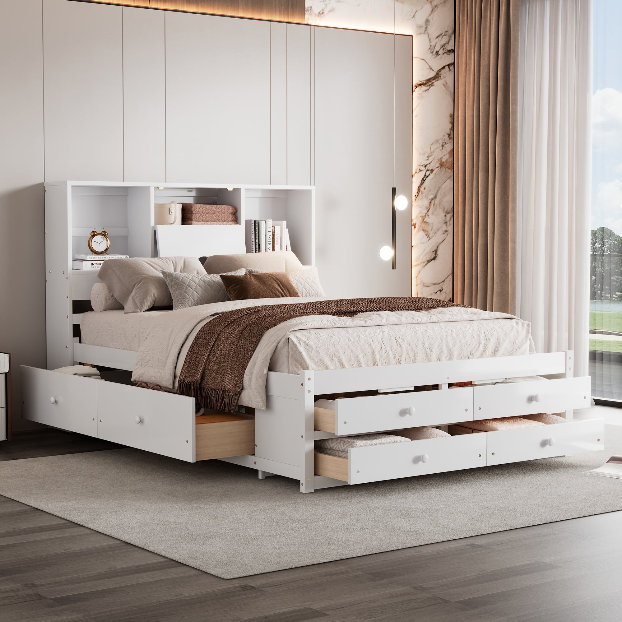 Queen Size Platform Bed With Storage Headboard And 8 Drawers, White Box Spring Not Required Queen White Wood Bedroom Bed Frame Solid Wood Mdf