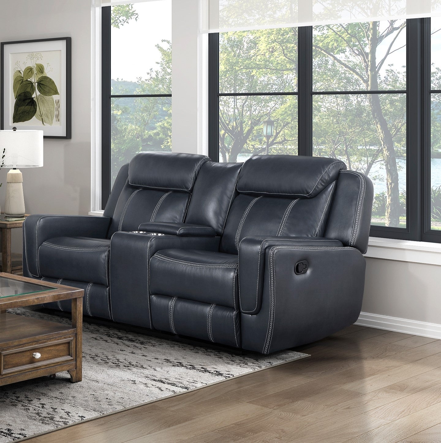 Modern Blue Dual Reclining Loveseat With Center Console,Faux Leather Upholstery, Usb Ports Living Room Furniture 1Pc Blue Faux Leather Wood Primary Living Space Modern Plywood,Solid Wood