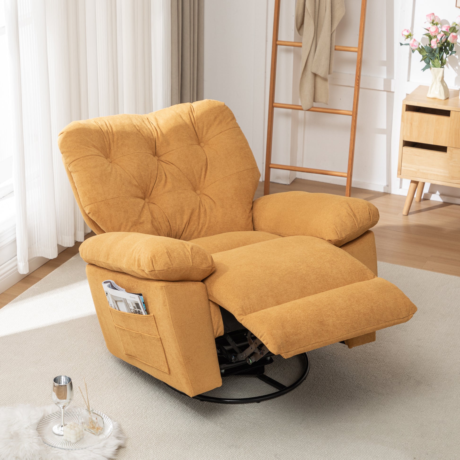 Yellow Relaxing Recliner Chair,Soft Artificial Fleece, Overstuffed, Swivel, Glider, Side Pocket Yellow Manual Push Button Wood Bedroom Medium Soft Tufted Back Heavy Duty Modern Push Button Oak