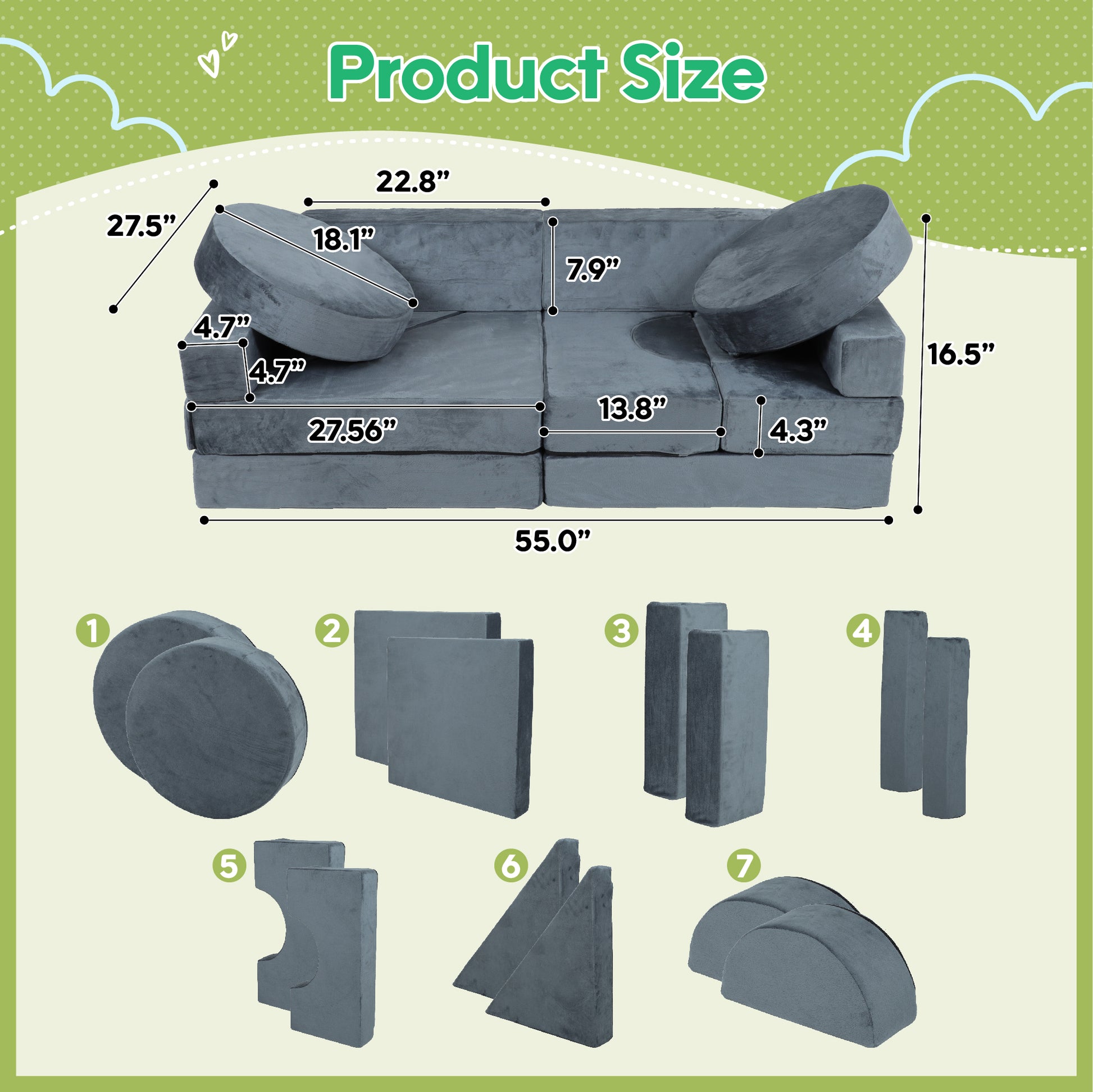 14Pcs Kids Sofa Modular Play Couch,Child Sectional Sofa To Boost Creativity,Boys And Girls Diy Creativing Playroom Couch Furniture For Toddlers Conertible Foam And Floor Cushion,Gray Grey Cotton