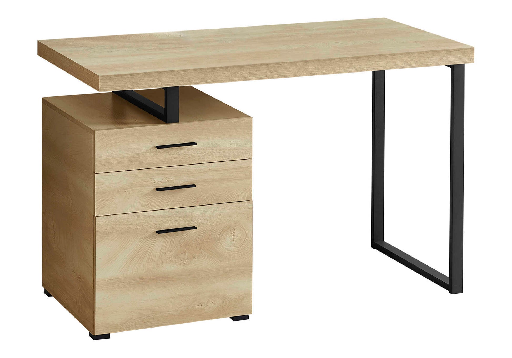 Computer Desk, Home Office, Laptop, Left, Right Set Up, Storage Drawers, 48"L, Work, Natural Laminate, Black Metal, Contemporary, Modern Natural Particle Board