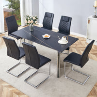 Table And Chair Set.63"X31.5X30" Black Marble Patterned Slabs Tabletop With Stainless Steel Butterfly Legs.Paried With 6 Black High Quality Pu Chairs With Silver Metal Legs. Black,Silver Seats 6