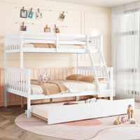 Twin Over Full Rubber Wood Bunk Bed With Trundle, Convertible Ladder And Guardrail, Detachable, Convertible Bed, With Twin Size Trundle ,White Twin White Rubber Wood