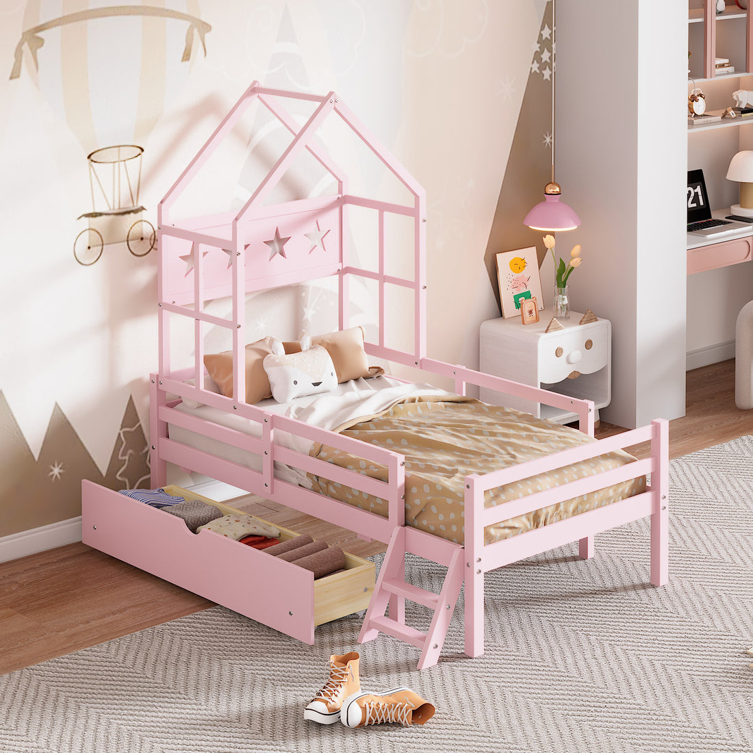 Wood Twin Size House Platform Bed With Guardrail And Drawer, Pink Box Spring Not Required Twin Pink Wood Bedroom Bed Frame Solid Wood Mdf